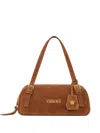 Versace Tag Suede Bowling Shoulder Bag In Brown