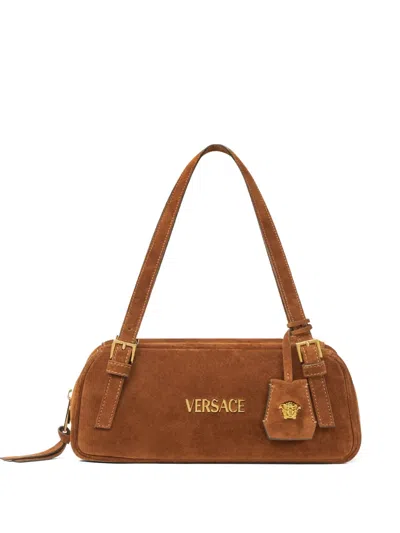 Versace Tag Suede Shoulder Bag In Brown