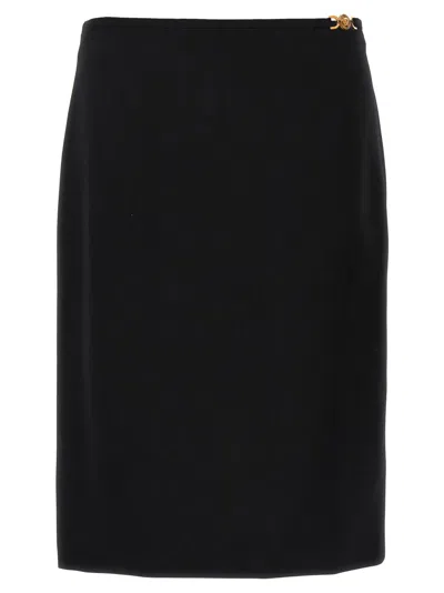 Versace Tailored Stretch Wool Midi Skirt With Logo Detail In Black
