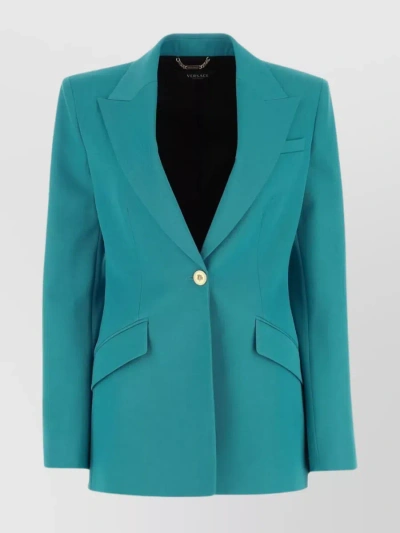 Versace Tailored Wool Blazer With Back Slit In Cyan