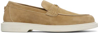 VERSACE TAN SUEDE 'VERSACE' WRITING INJECTION LOAFERS