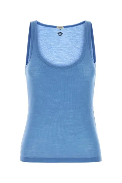 Versace Tank Top Rib With Medusa Embroidery In Blue