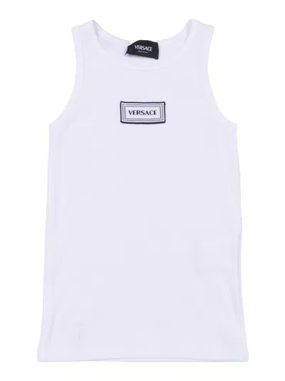 Versace White Logo Embroidered Ribbed Tank Top In Animal Print