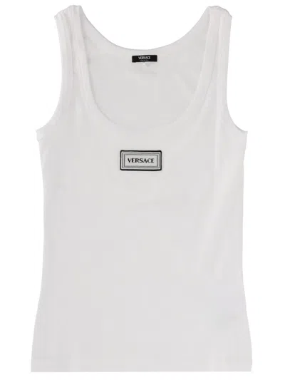 Versace Logo Cotton-blend Scoop Neck Tank Top In White