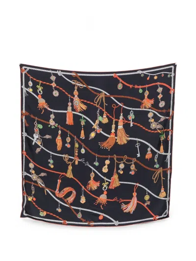 Versace Tassel-print Silk Scarf In Blue