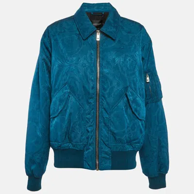 Pre-owned Versace Teal Blue Nylon Barocco Bomber Jacket Xl