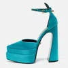 Versace Teal Blue Satin Aevitas Crystal Embellished Ankle Strap Platform Block Heel Pumps In Blue