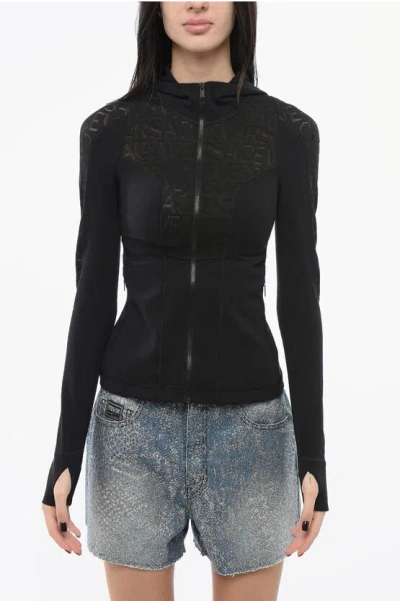 Versace Tech Hoodie Top With Logo Motif In Black