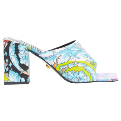 Versace Technicolor Baroque Open Round Toe Block Heel Sandals In Multi