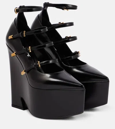 Versace Tempest Leather Platform Pumps In Black- Gold