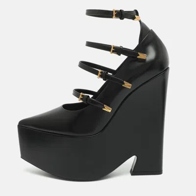 Pre-owned Versace Tempest Size 41 Black Leather Platform Sandals