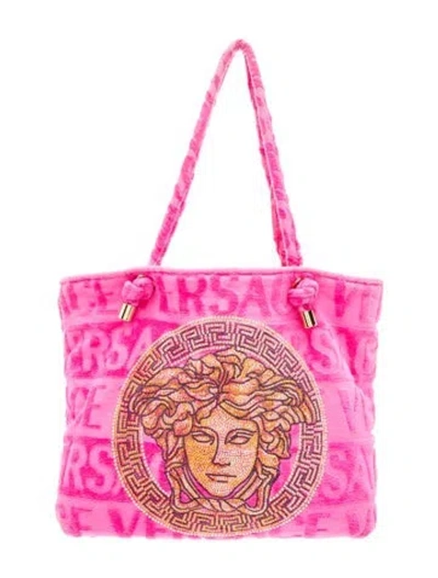 Pre-owned Versace Terry Cloth Tote In Pink