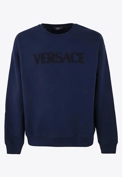 Versace Terry Logo Embroidered Sweatshirt In Navy