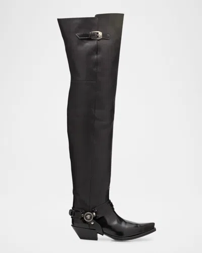 Versace 40mm Leather Western Over The Knee Boots In Black