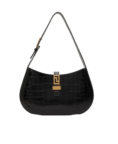 Versace Textured Embossed Shoulder Bag In Black
