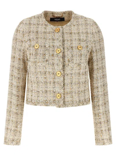 VERSACE VERSACE TEXTURED TWEED CARDIGAN WITH MEDUSA BUTTON CLOSURE