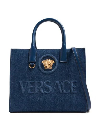 Versace The Medusa Denim Tote Handbag In Black
