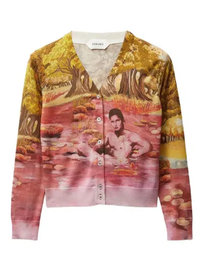 Versace "the Naturist" Print Silk Knit Cardigan In Multi