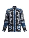 Versace Silk Shirt With Printed Design And Button-down Collar In Blue