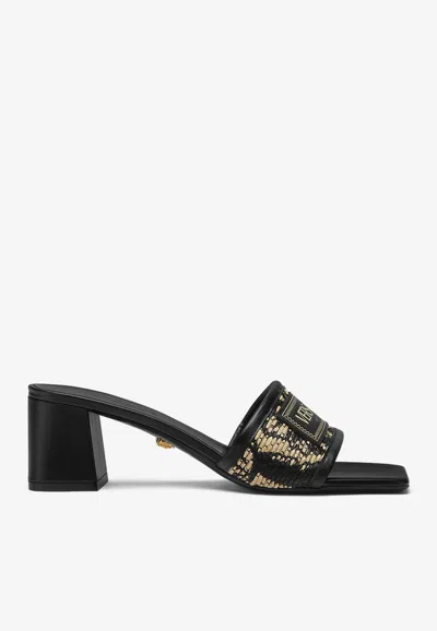 Versace Theia 55 Barocco Woven Raffia Mules In Black