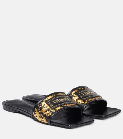 Versace Theia Barocco Raffia-effect Slides In Black