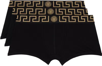 Versace Three-pack Black Greca Border Boxer Briefs In A80g-black Gold Gree