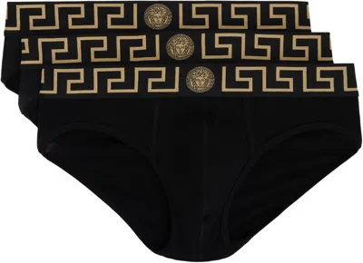 Versace Three-pack Black Greca Border Briefs In A80g-black Gold Gree