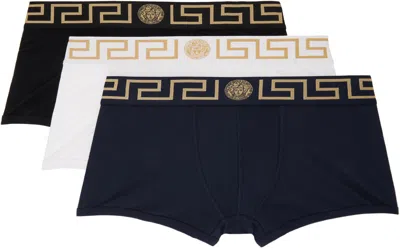 Versace Three-pack Multicolor Greca Border Boxers In A4345-black-blue-whi