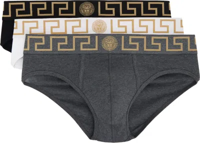 Versace Three-pack Multicolor Greca Border Briefs In A3278-black+grey+whi
