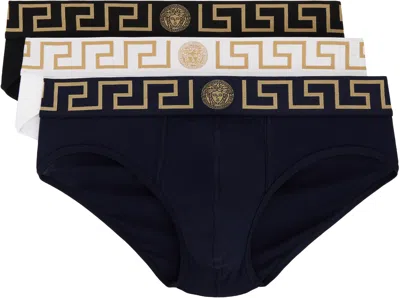 Versace Three-pack Multicolor Greca Border Briefs In A4345-black-blue-whi