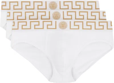 Versace Three-pack White Greca Border Briefs In A81h-white- Greek Go
