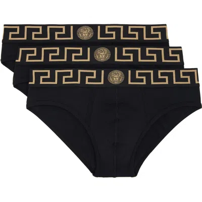 Versace Three-pack Black Jersey Briefs In A80g-black Gold Gree