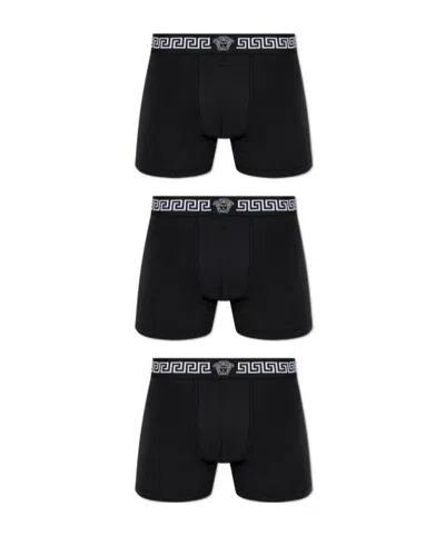 Versace Greca Three-pack Boxer Briefs In Black