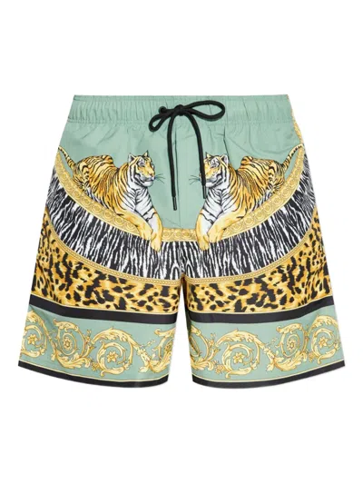 Versace Tiger-print Drawstring Swim Shorts In Green
