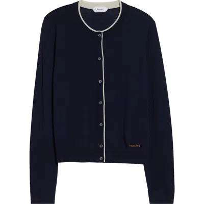 Versace Tipped Wool Blend Cardigan In Blue