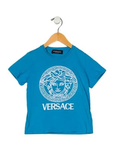 Pre-owned Versace Babies' Toddler Boys' Embroidered Short Sleeve Shirt In Blue