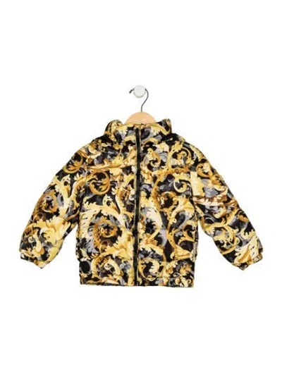 Pre-owned Versace Babies' Toddler Girls' Graphic Puffer Jacket W/ Hoodie In Yellow