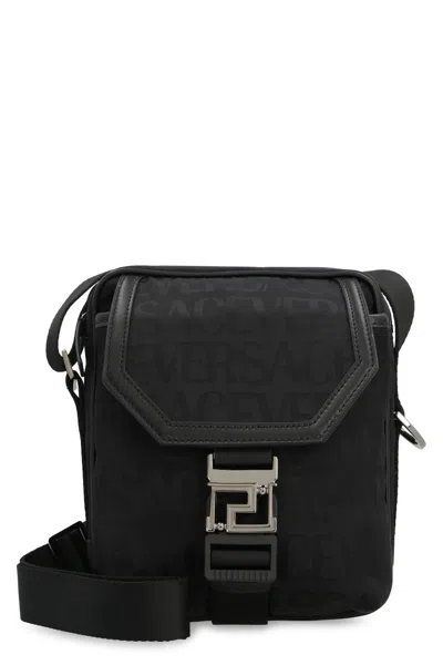 Versace Tone-on-tone Jacquard Crossbody Handbag For Men In Black