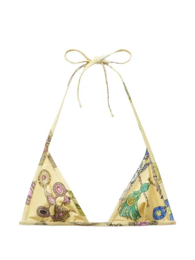 Versace Top Bikini Triangolo Giallo Con Stampa Gioielli Multicolor