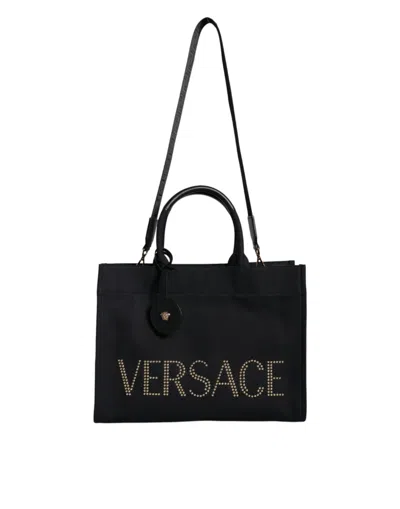 Versace Top Handle Canvas Leather Logo Crossbody Tote Women's Bag In Black