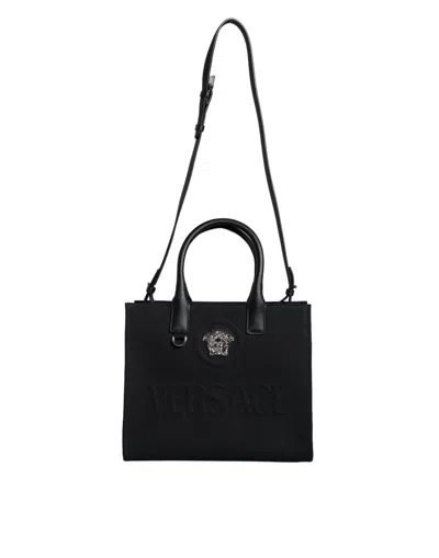 Versace Top Handle Canvas Leather Logo Crossbody Tote Women's Bag In Black