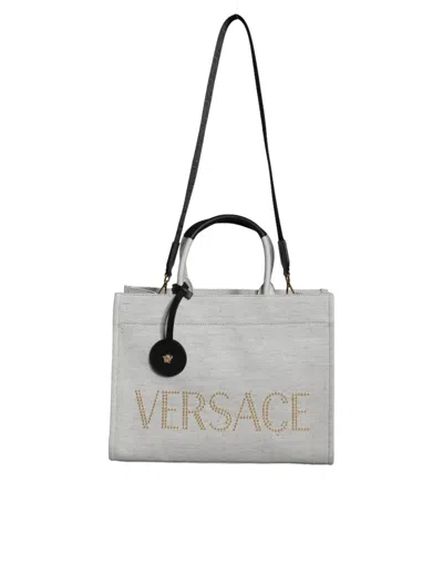 Versace Top Handle Canvas Leather Logo Crossbody Tote Women's Bag In Gray