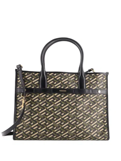 Pre-owned Versace Top Handle La Greca Signature Coated Canvas Medium Tote Bag In Green