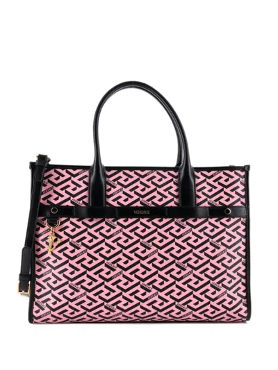 Pre-owned Versace Top Handle La Greca Signature Coated Canvas Medium Tote Bag In Multicolour