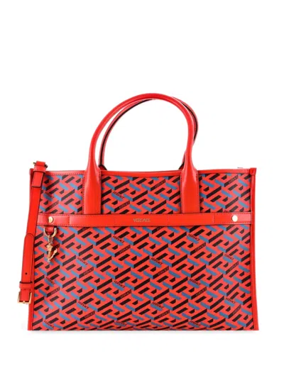 Pre-owned Versace Top Handle La Greca Signature Coated Canvas Medium Tote Bag In Red