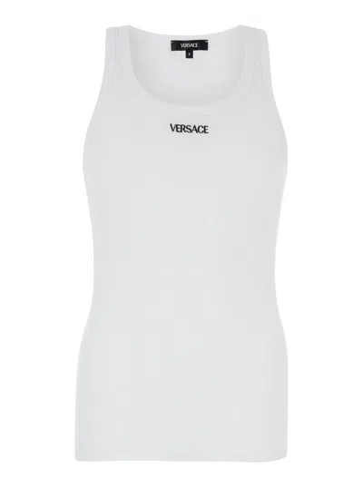 Versace Logo-embroidered Ribbed Tank Top In White