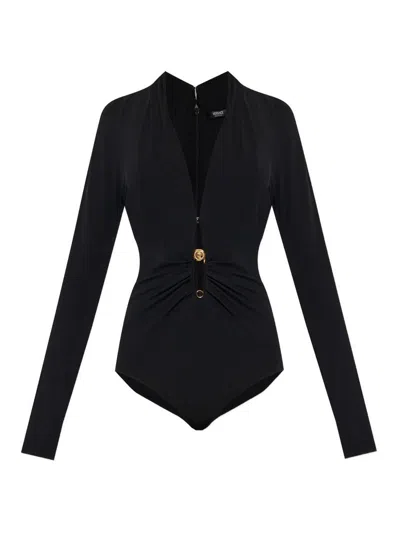Versace Safety Pin Detailed Long-sleeved Bodysuit In Black