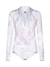Versace Barocco-print Checked Bodysuit In Pastel Pink + White + Silver