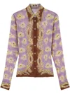 Versace Poppies Print Crinkled Crepe Button-up Shirt In Purple