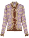 Versace Poppies Print Crinkled Crepe Button-up Shirt In Purple
